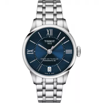 TISSOT T-Classic Chemin des Tourelles moteriškas automatinis laikrodis 32 mm, mėlynas perlamutrinis ciferblatas, deimantiniai indeksai, nerūdijančio plieno apyrankė