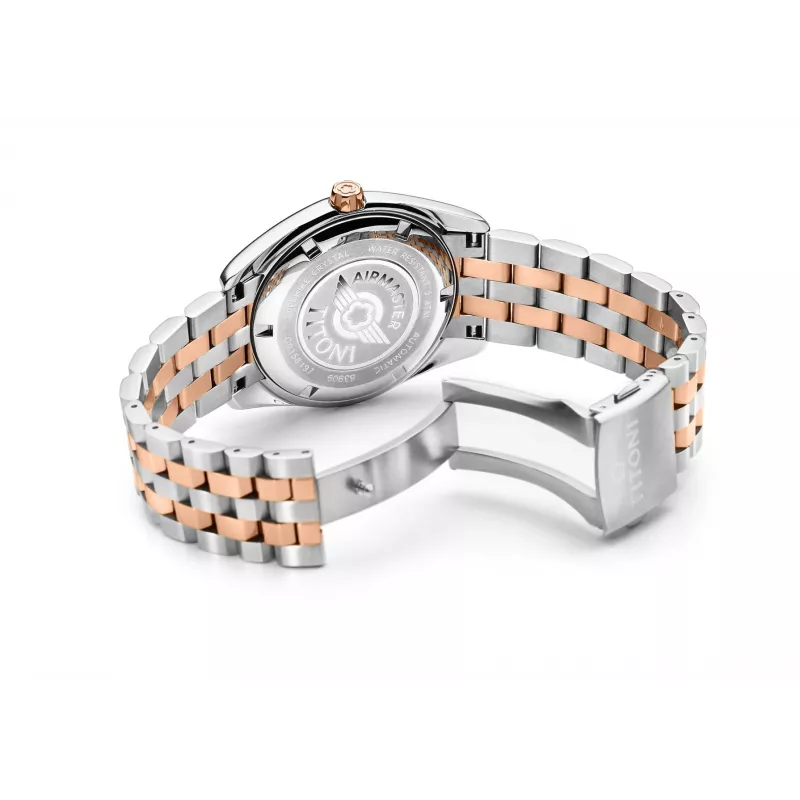 TITONI Vyriškas Automatinis Laikrodis 83909SRG-063 38,5mm Rožinio Aukso PVD Nerūdijantis Plienas Sidabrinis Ciferblatas Rudo Odos Dirželis