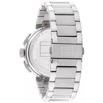 Tommy Hilfiger vyriškas laikrodis 1792117 – kvarcinis analoginis 44 mm nerūdijančio plieno mėlynu ciferblatu ir sidabrinės spalvos juosta