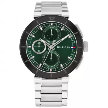 Tommy Hilfiger vyriškas laikrodis 1792117 – kvarcinis analoginis 44 mm nerūdijančio plieno mėlynu ciferblatu ir sidabrinės spalvos juosta