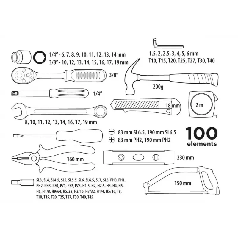 Top Tools 100 dalių 1/4 colio ir 3/8 colio lizdų ir įrankių rinkinys su chromo-vanadžio plienu, 72 dantų reketu ir liejamo plastiko dėklu