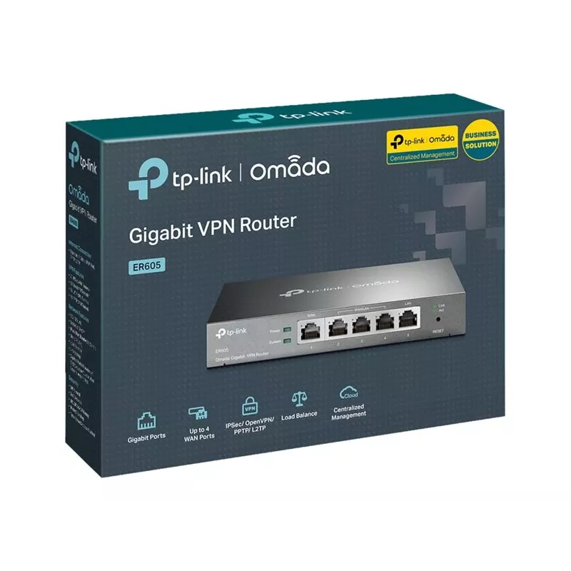 TP-LINK ER605 SafeStream maršrutizatorius – Gigabit VPN maršrutizatorius su 4 prievadų jungikliu, 3 WAN prievadais, montuojamas ant sienos