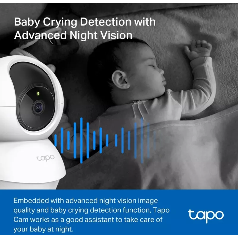 TP-Link Tapo C200C Pan/Tilt namų apsaugos Wi-Fi kamera - 1080p Full HD, 360° horizontalus sukimas, dvipusis garsas, naktinis matymas iki 9 m, microSD iki 256 GB, balta
