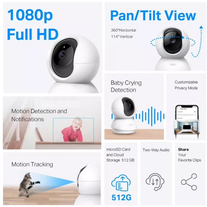 TP-Link Tapo C200C Pan/Tilt namų apsaugos Wi-Fi kamera - 1080p Full HD, 360° horizontalus sukimas, dvipusis garsas, naktinis matymas iki 9 m, microSD iki 256 GB, balta