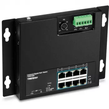 TRENDnet TI-PG102F pramoninis 8 prievadų Gigabit PoE+ valdiklis (240 W, DIN bėgelis, IP30, be ventiliatoriaus)