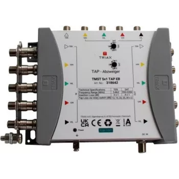 TRIAX TMST 5x1 TAP Multiswitch su 4 dB atšakos nuostoliu, 5 palydoviniais įėjimais, antžeminiu įėjimu, 4 abonentų išėjimais 318642