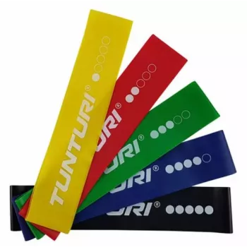 Tunturi Mini Resistance Band Set – 5 kilpų gumos, 5 pasipriešinimo lygiai, natūralus lateksas, su laikymo maišeliu