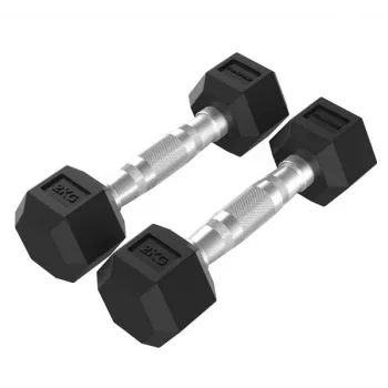 Tunturi Platinum Hex Rubber Dumbbell 2kg pora – šešiakampės guminės hanteliai su raižyta chromuota rankena