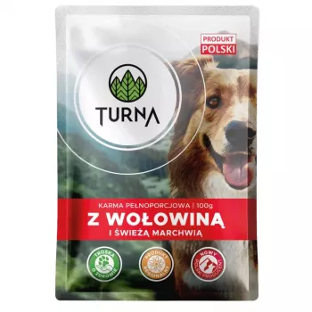 TURNA šlapias šunų maistas su jautiena – 100 g maišelis (pilnavertis ir subalansuotas suaugusių šunų maistas)