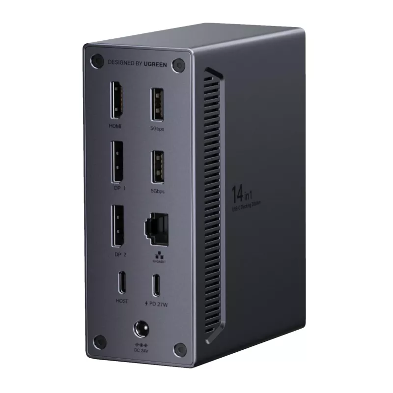 UGREEN 14-in-1 USB-C Docking Station su dviem DisplayPort, HDMI, 100W PD, Gigabit Ethernet, SD/TF kortelių skaitytuvais ir 3.5mm garso išvestimi