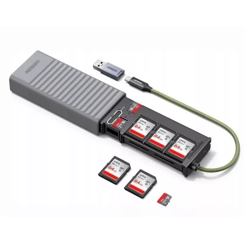 UGREEN 2-in-1 USB 3.0 SD/Micro SD kortelių skaitytuvas su laikymo dėklu, pilka