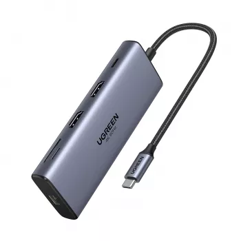 Ugreen CM639 USB-C 10-in-1 šakotuvas su 2x HDMI, 2x USB, RJ45, SD/TF, PD 100W