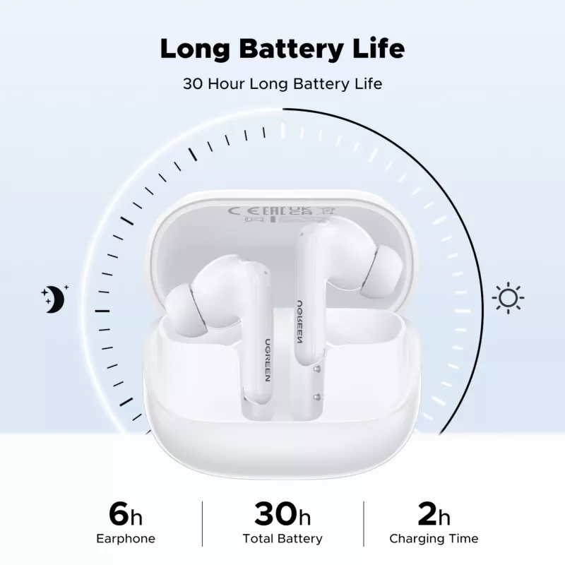 UGREEN EchoBuds Magic belaidės ausinės su aktyviu triukšmo slopinimu, Bluetooth 5.2, IPX5 atsparumu vandeniui – baltos