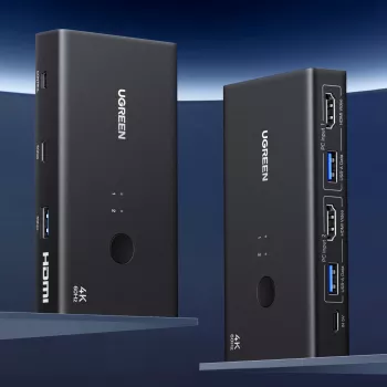 UGREEN HDMI 2.0 KVM Switch 2-In-1 Out, 2 kompiuteriai 1 monitorius, 4K@60Hz, 3 prievadų USB 2.0 Hub, mygtukas ir karštieji klavišai, aliuminio lydinys, HDCP 2.2, HDR10