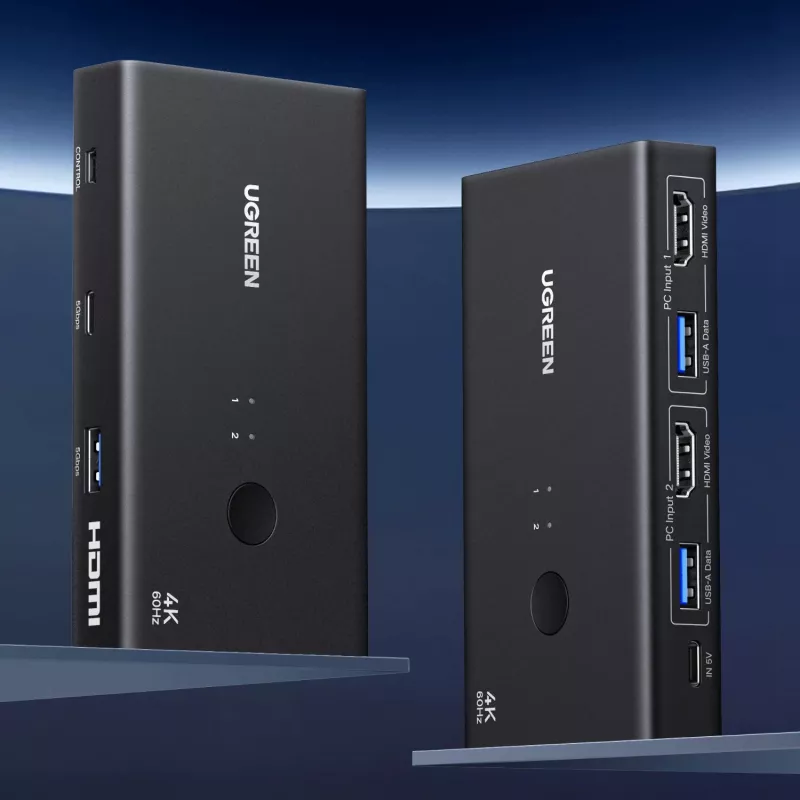 UGREEN HDMI 2.0 KVM Switch 2-In-1 Out, 2 kompiuteriai 1 monitorius, 4K@60Hz, 3 prievadų USB 2.0 Hub, mygtukas ir karštieji klavišai, aliuminio lydinys, HDCP 2.2, HDR10