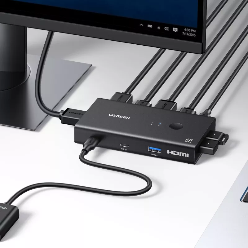 UGREEN HDMI 2.0 KVM Switch 2-In-1 Out, 2 kompiuteriai 1 monitorius, 4K@60Hz, 3 prievadų USB 2.0 Hub, mygtukas ir karštieji klavišai, aliuminio lydinys, HDCP 2.2, HDR10