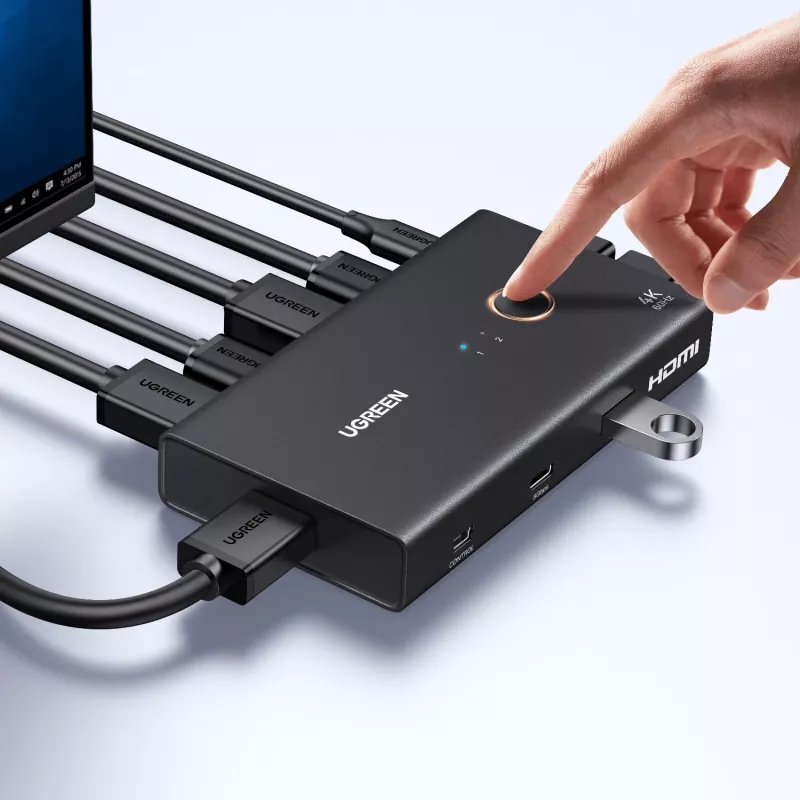 UGREEN HDMI 2.0 KVM Switch 2-In-1 Out, 2 kompiuteriai 1 monitorius, 4K@60Hz, 3 prievadų USB 2.0 Hub, mygtukas ir karštieji klavišai, aliuminio lydinys, HDCP 2.2, HDR10
