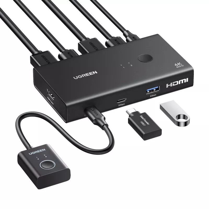 UGREEN HDMI 2.0 KVM Switch 2-In-1 Out, 2 kompiuteriai 1 monitorius, 4K@60Hz, 3 prievadų USB 2.0 Hub, mygtukas ir karštieji klavišai, aliuminio lydinys, HDCP 2.2, HDR10
