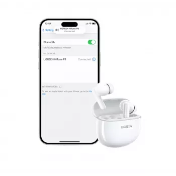 UGREEN HiTune P3 belaidės ausinės su hibridiniu triukšmo slopinimu, 35dB, 4-mic ENC, 30H baterija, IPX5, Bluetooth 5.2, mažas vėlavimas, balta