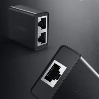 UGREEN RJ45 Splitter Adapter 2 vnt. (juoda) - Ethernet tinklo skirstytuvas, 1x RJ45 kištukas į 2x RJ45 lizdus, 100Mbps, Cat5/Cat5e/Cat6 suderinamas, pasyvus, Plug & Play