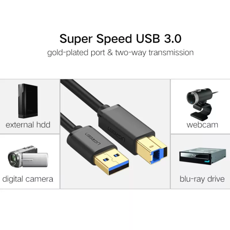 UGREEN US210 USB 3.0 A–B laidas, 2 m, juodas
