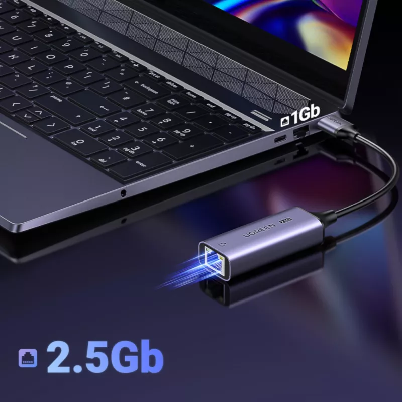 UGREEN USB-A 3.2 Gen 1 į 2.5G Ethernet adapteris, 2,5 Gbps RJ45 LAN, aliuminio, Space Gray, Plug & Play, Realtek RTL8156B, 10 cm kabelis
