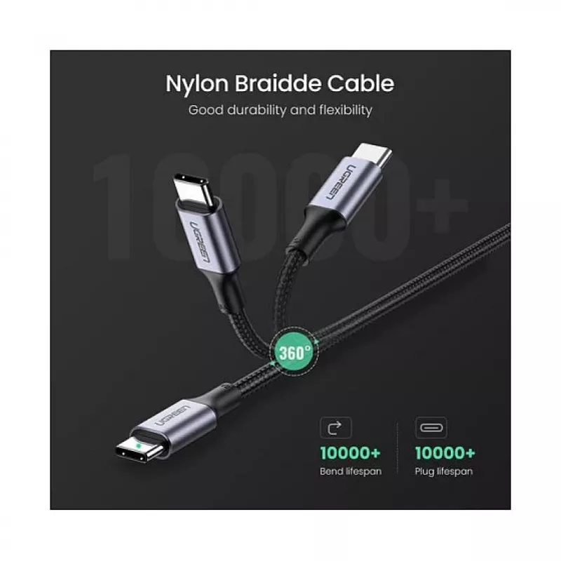 UGREEN USB-C į USB-C 100W pintas nailono įkrovimo laidas 2m juodos spalvos