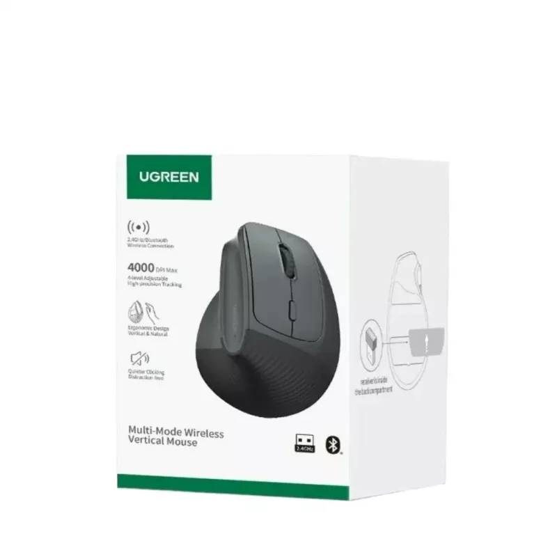 UGREEN belaidė vertikali pelė, 2,4 GHz / Bluetooth 5.4, reguliuojamas DPI, juoda