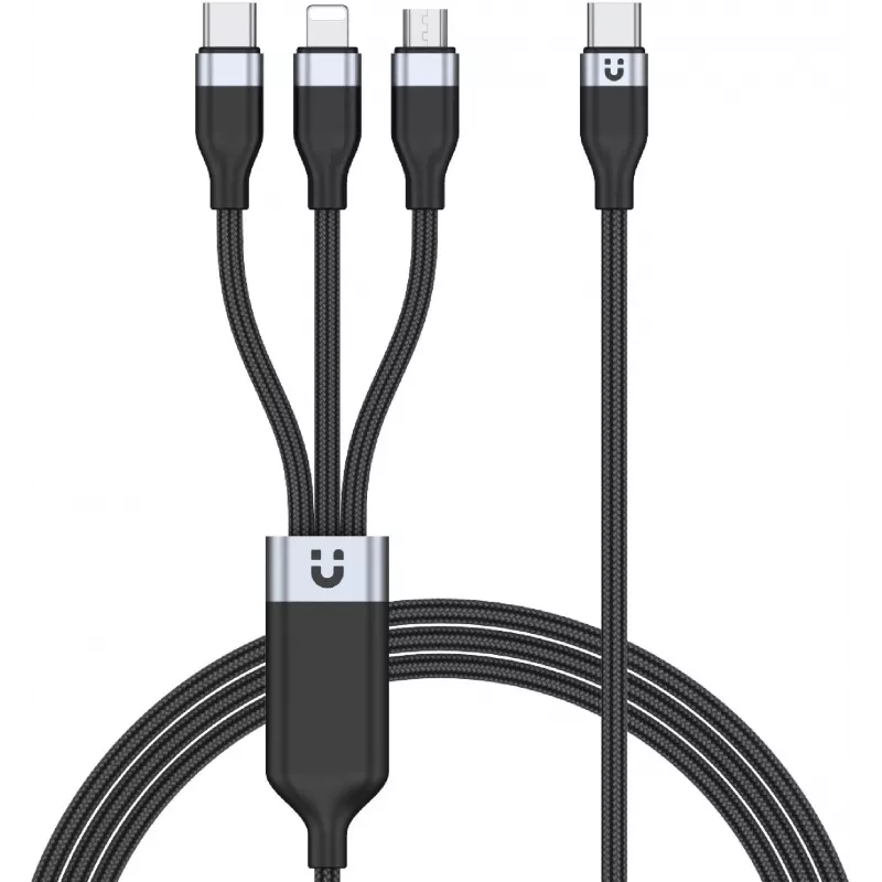 UNITEK 3-in-1 USB-A į Lightning, USB-C, Micro USB nailoninis pintas įkrovimo laidas 1,2 m juodas