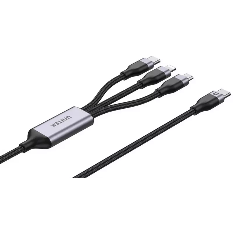 UNITEK 3-in-1 USB-A į Lightning, USB-C, Micro USB nailoninis pintas įkrovimo laidas 1,2 m juodas