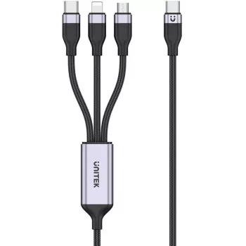 UNITEK 3-in-1 USB-A į Lightning, USB-C, Micro USB nailoninis pintas įkrovimo laidas 1,2 m juodas
