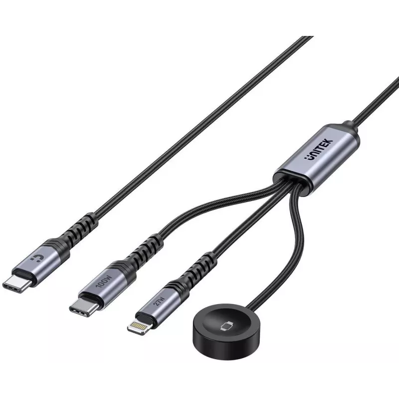 UNITEK 3-in-1 USB-C + Lightning + Apple Watch įkrovimo laidas, 100W PD, 480 Mbps, 1,2 m, juodas