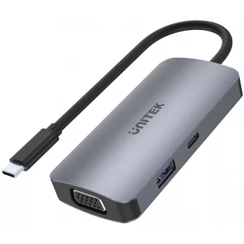 Unitek D1051A USB-C šakotuvas su 1x USB 3.0, VGA, 2x HDMI, Power Delivery ir MST