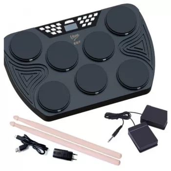 V-TONE ED7 nešiojamas elektroninis būgnų komplektas su USB-C, 7 silikoniniais padėklais, 2 pedalais, 5 išankstiniais rinkiniais, įmontuotu garsiakalbiu