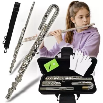 V-TONE SCF 16 skersinė fleita su lenktu galvutės vamzdeliu, C klavišas, sidabruotas nikelio sidabras, uždaros klavišų sistemos, Split E mechanizmas, pradedančiųjų studentų fleita su dėklu ir aksesuarais
