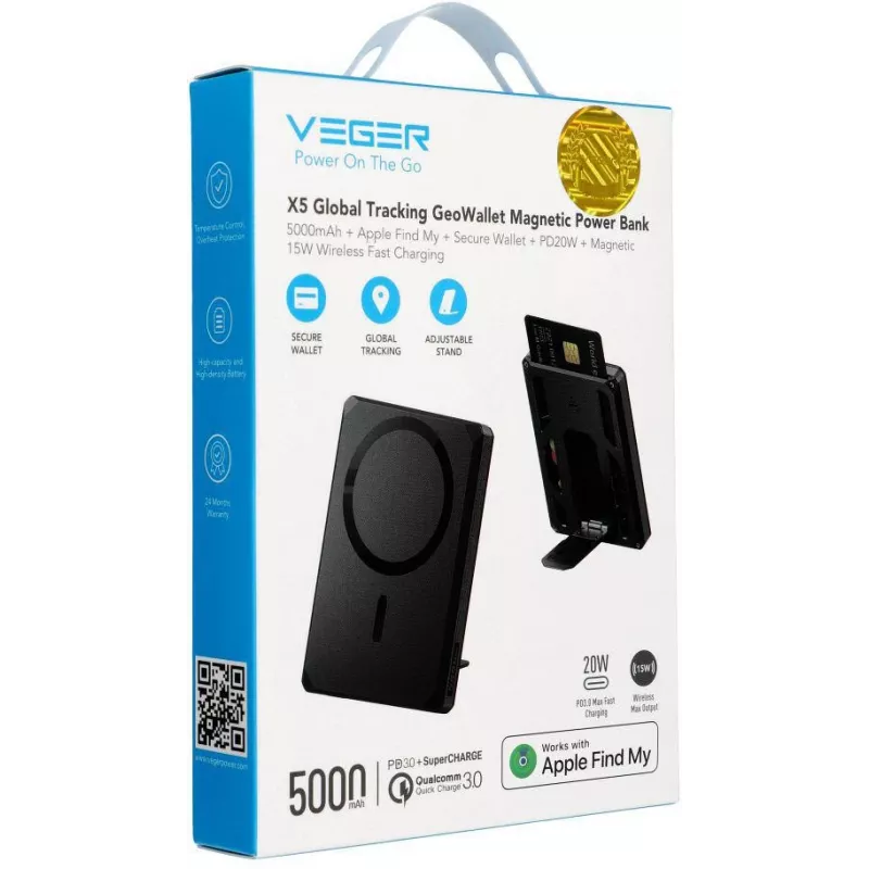 Veger GeoWallet Tracker X5 5000 mAh 20W PD QC 3.0 MFi MagSafe USB-C Power Bank – juoda