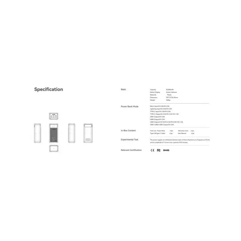 Veger Power Bank Tank Lite (W5001) PD QC3.0 5A 22,5W 50000 mAh juodas