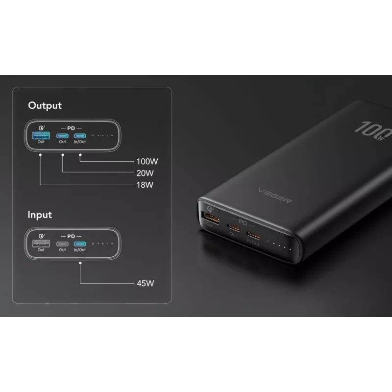 “Veger Powerbank T100 (W2032C-100) PD QC3.0 5A 100W 20000 mAh Black”
