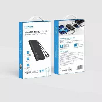 VEGER TCE130 130W PD Power Bank 25000mAh su įmontuotais USB-C ir Lightning kabeliais, juoda