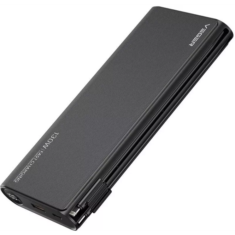 VEGER TCE130 130W PD Power Bank 25000mAh su įmontuotais USB-C ir Lightning kabeliais, juoda