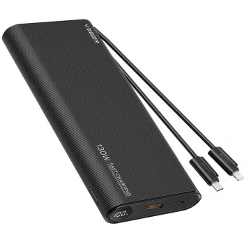 VEGER TCE130 130W PD Power Bank 25000mAh su įmontuotais USB-C ir Lightning kabeliais, juoda