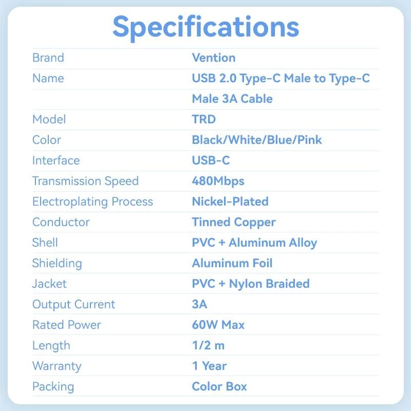 VENTION TRDBF USB-C į USB-C laidas 1m Juodas