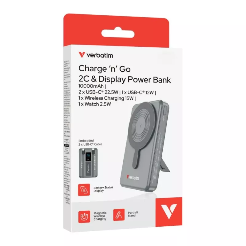 Verbatim Charge'n'Go Power Bank 2C & Display 10000 mAh pilka