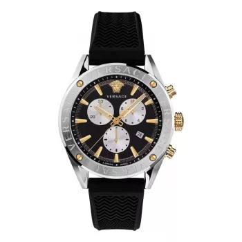 VERSACE V-Race vyriškas Šveicariškas kvarcinis chronografo laikrodis VEHB00119 – 44 mm, juodas ciferblatas, sidabrinis nerūdijančio plieno dirželis