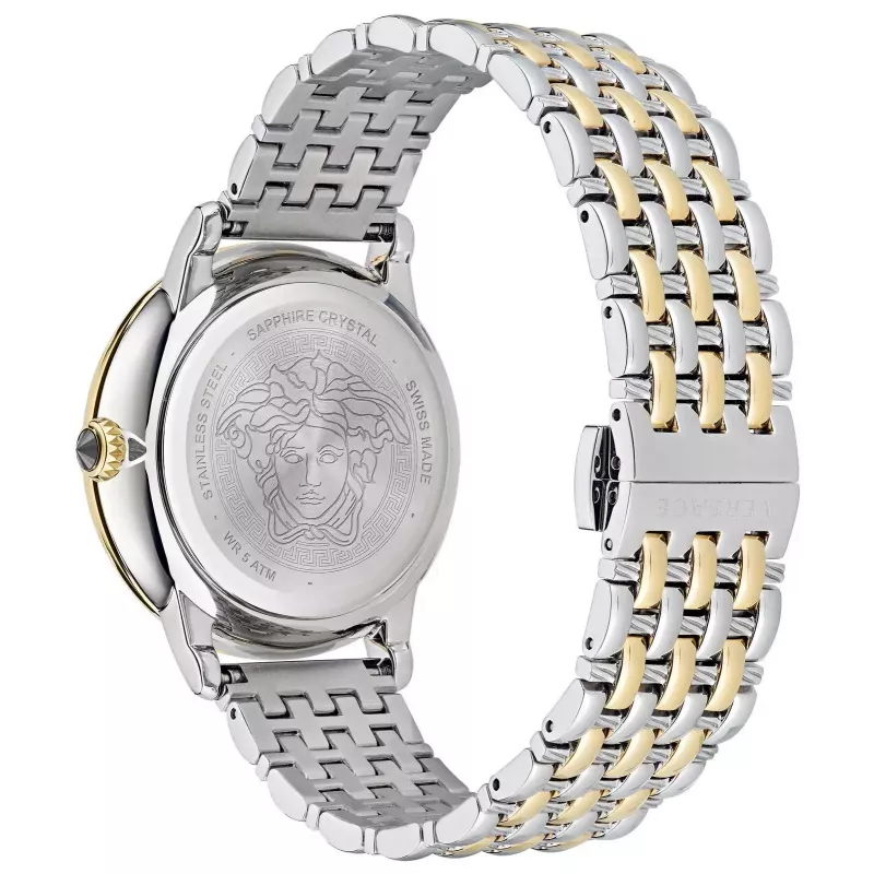 Versace VE6F00423 unisex šveicariškas kvarcinis laikrodis 38 mm pilku ciferblatu ir plienine apyranke