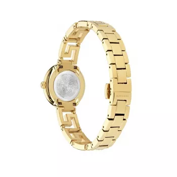 Versace Women's VE7A00323 28 mm šveicariškas kvarcinis laikrodis su baltu ciferblatu ir juodu odiniu dirželiu