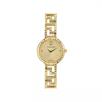Versace Women's VE7A00323 28 mm šveicariškas kvarcinis laikrodis su baltu ciferblatu ir juodu odiniu dirželiu