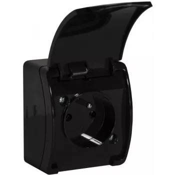 VIPLAST KOALA Paviršinio montavimo lizdas su įžeminimu ir dangteliu, juodas, IP44, 16A, 250V, 2P+E
