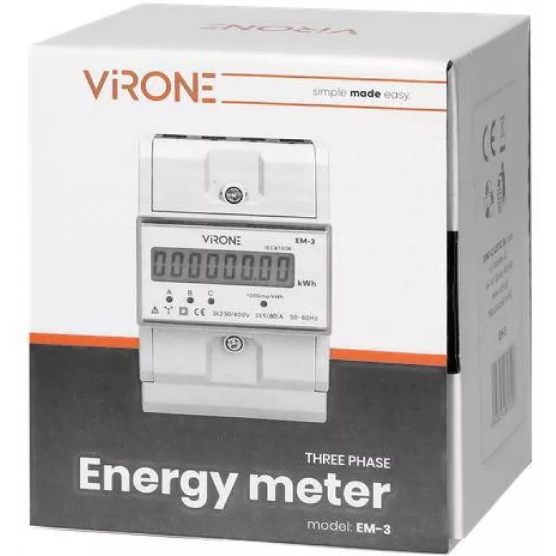 Virone EM-3 Trifazis elektros skaitiklis, 80 A, 3 moduliai, DIN bėgis TH-35 mm
