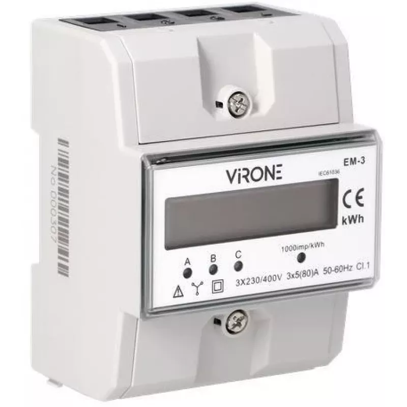 Virone EM-3 Trifazis elektros skaitiklis, 80 A, 3 moduliai, DIN bėgis TH-35 mm